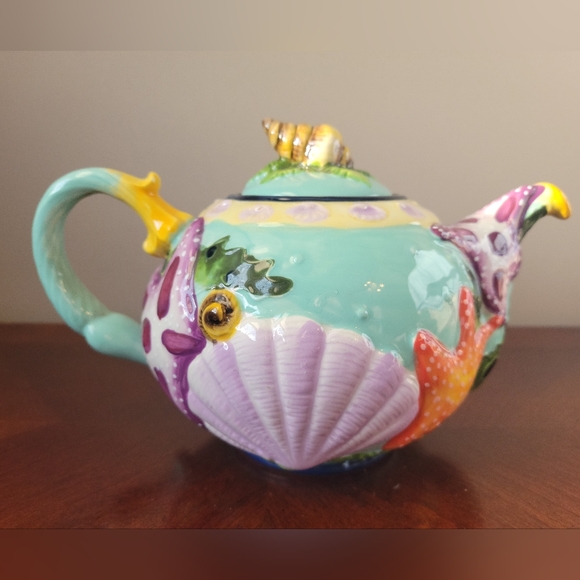 BLUE SKY Starfish Seashell Teapot Functional Art Cottagecore Beach House - Picture 5 of 11